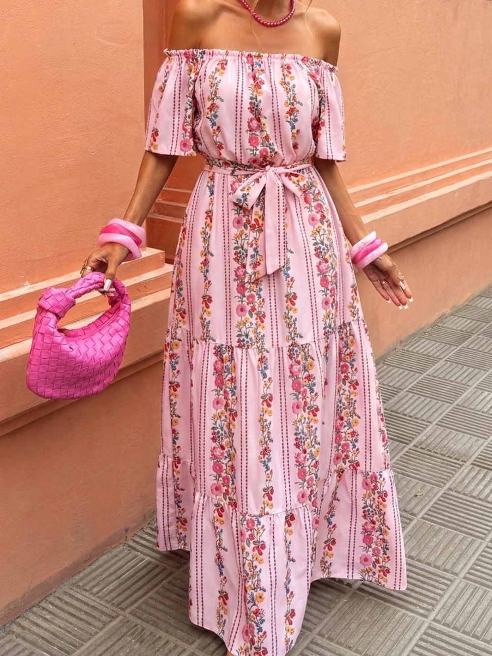 Boho Floral print Off Shoulder Belted Ruffle Hem Maxi Dress - Picture 5 of 5